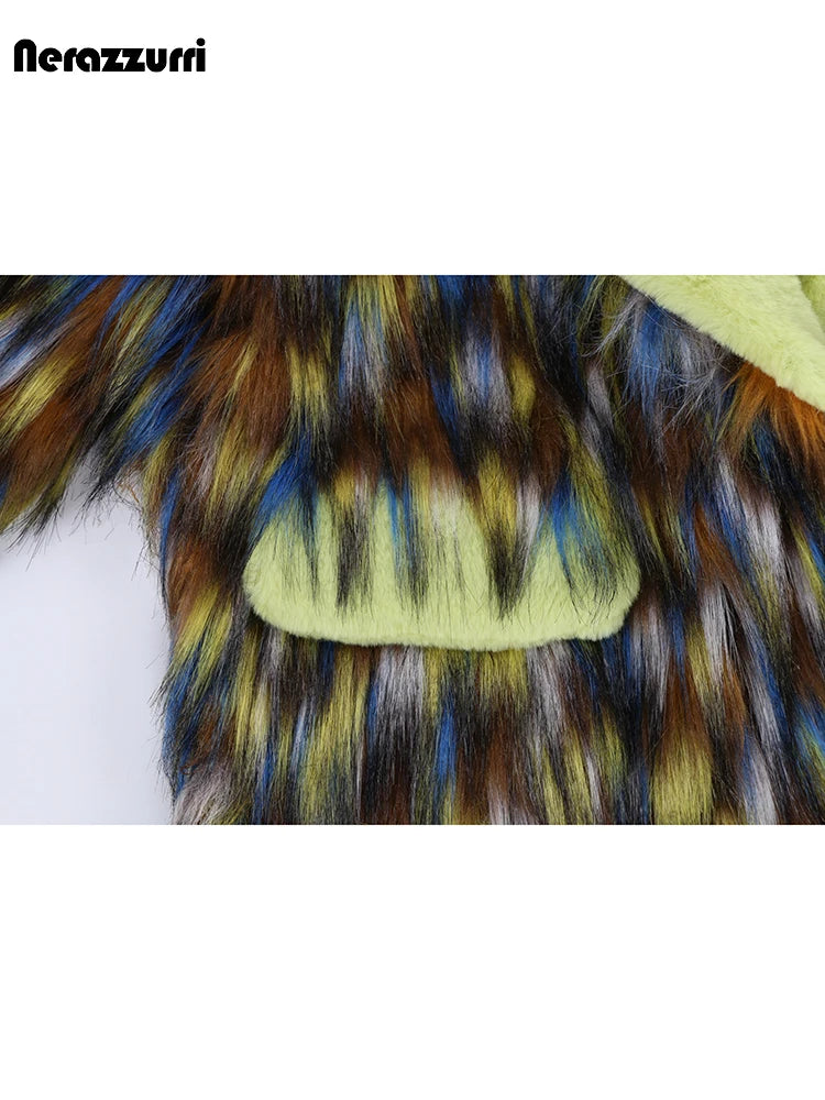Winter Long Colorful Thick Warm Colorful Hairy Shaggy Patchwork Faux Fox Fur Coat Women Fluffy Furry Overcoat