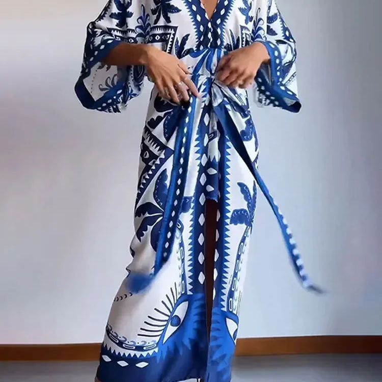 Vintage Bule Print Lace Up Midi Dress Women V Neck Half Sleeve High Waist Vestidos Spring Summer Casual Beach Robes Female