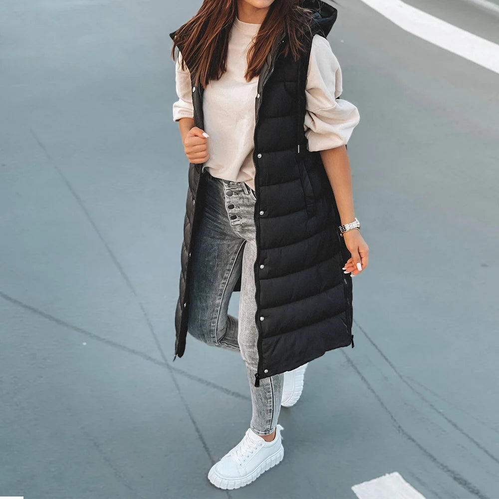 Winter New Hooded Warm Mid-length Vest Jacket Spring Women Casual Loose Solid Color Hood Sleeveless Zip Multi-pocket Waistcoat