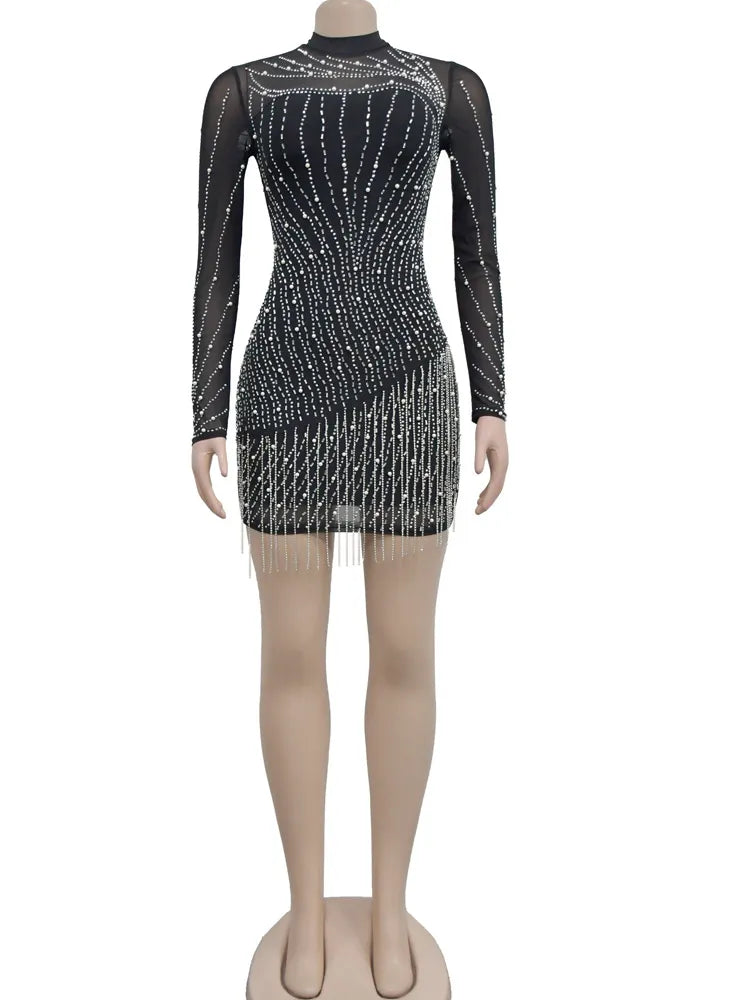 Beautiful Crystal Embellished Fringed Mini Dress Glam Womens Pearls Rhinestone Slim Short Party Dress Birthday Outfits