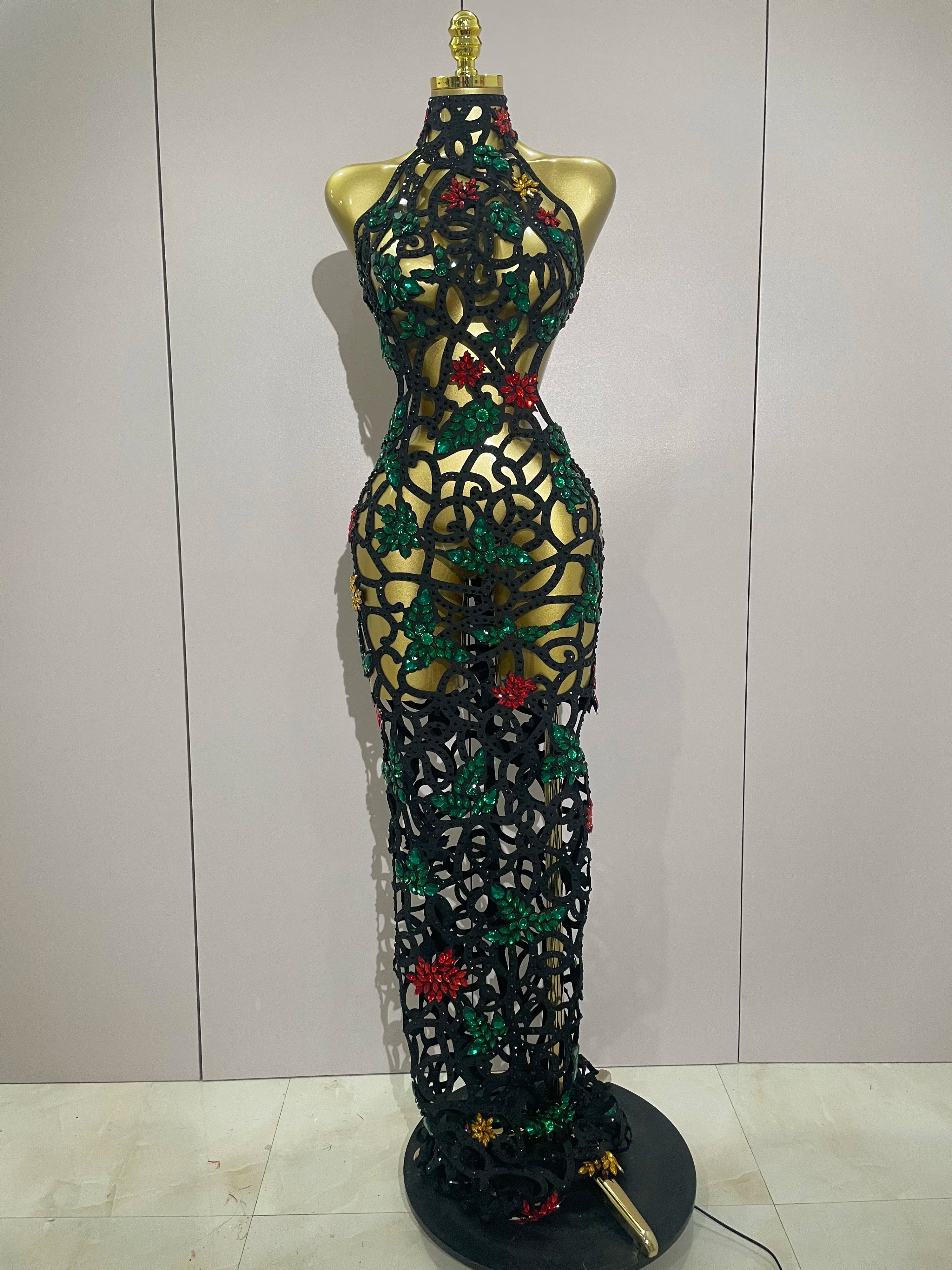 Sexy Shiny Colorful Rhinestone Hollow Out Long Dress Women Celebrate Evening party Nightclub Singer Stage Photo Shoot Costume