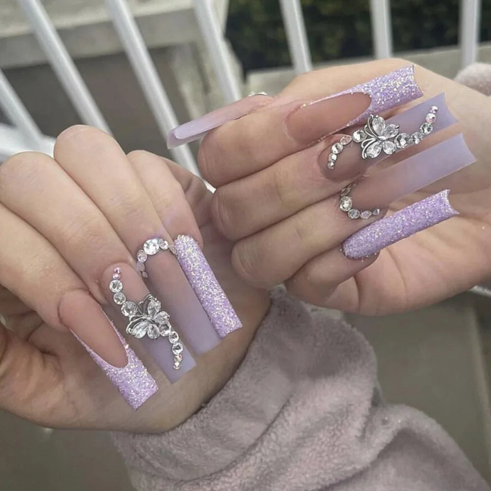 24Pcs Long Ballet False Nails with Butterfly Rhinestone Design Coffin French Fake Nails Purple Press on Nails Wearable Nail Art