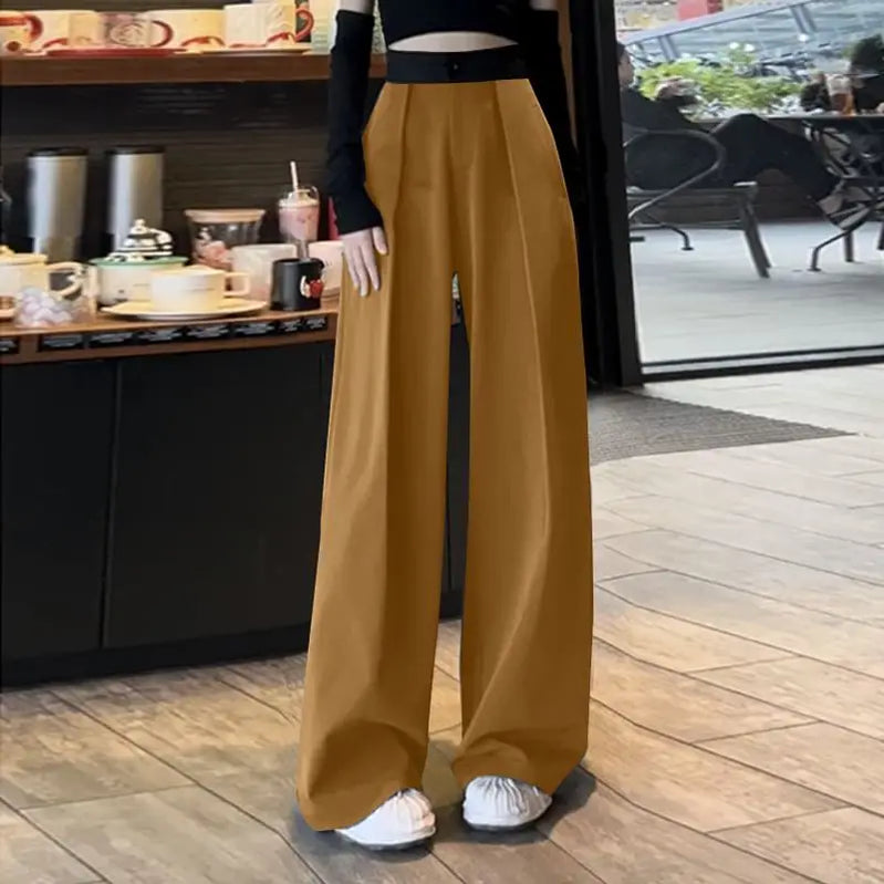 Women Pleating Pantalons Korean High Waist Pants Vintage Wide Leg Long Trouser Casual Loose Colorblock Streetwear Pants Brown