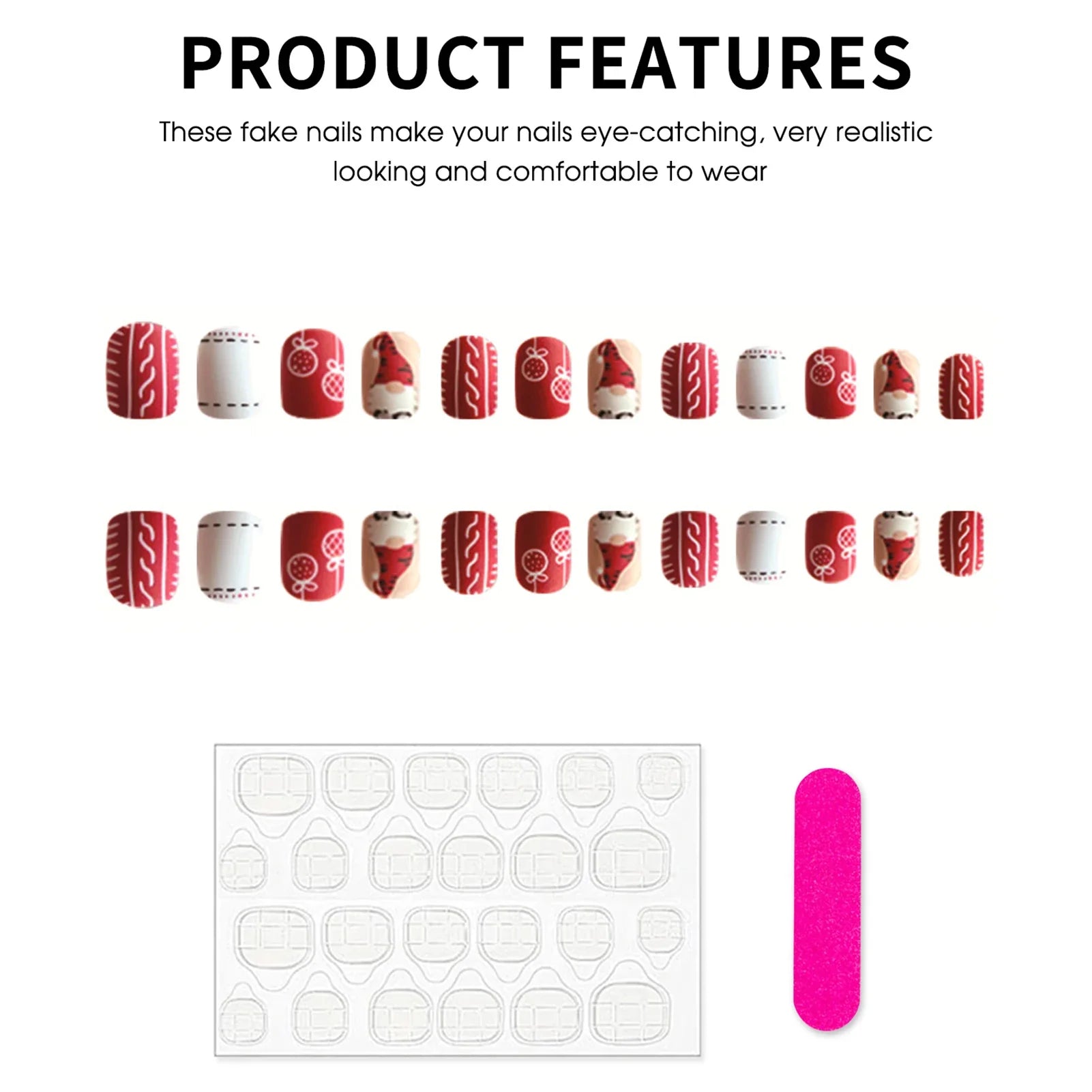 Red/White Short Square Fake Nails 24Pcs Christmas Press On Nails Santas/Candy Printed Full Cover Stick-on False Nails Patches