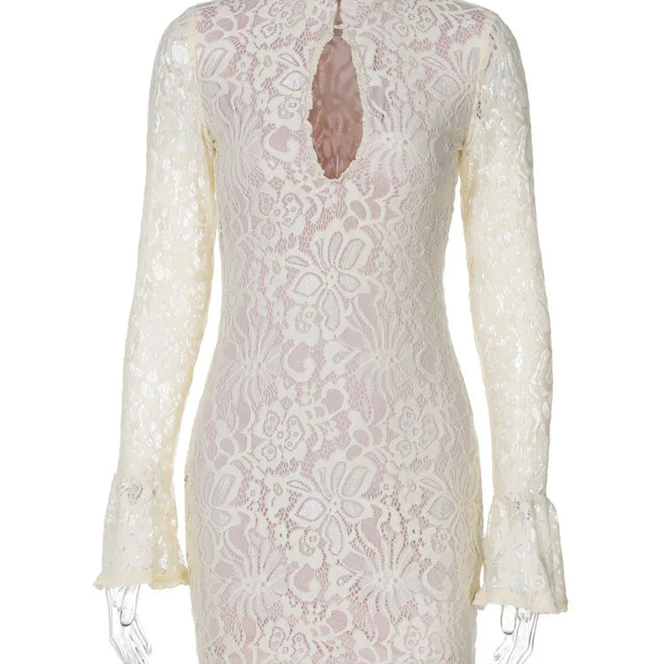 Lace Hollow Out Long Sleeve Sexy Mini Dress For Women Fashion Half High Collar Bodycon Club Party Dress Elegant Dresses