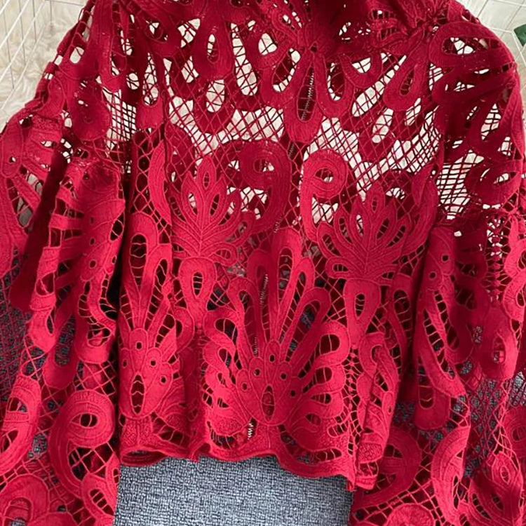 Sexy Lace Hollow Out Short Blouse Casual Lantern Long Sleeve Stand Collar Shirts Female Elegant Red/Pink/White Loose Tops
