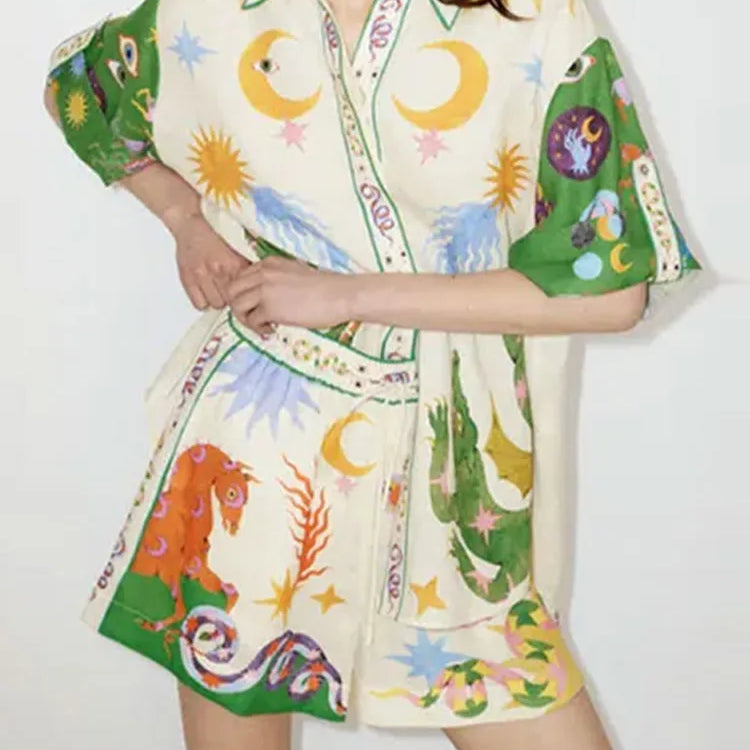 Women Fashion Printed Shorts 2 Piece Sets Causal Loose Lapel Single Breasted Shirts And Drawstring Short Suits Lady Beach Outfit