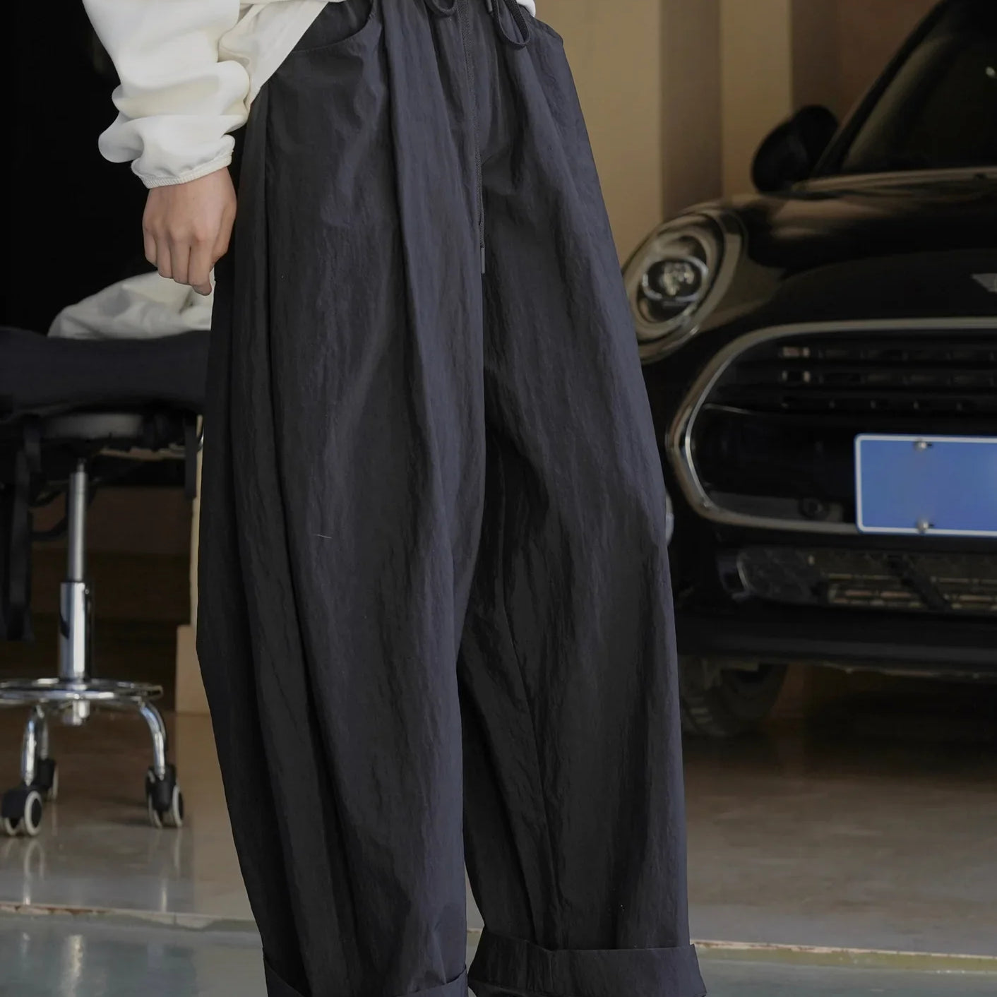 Summer women's casual solid color high waisted loose wide leg pants black