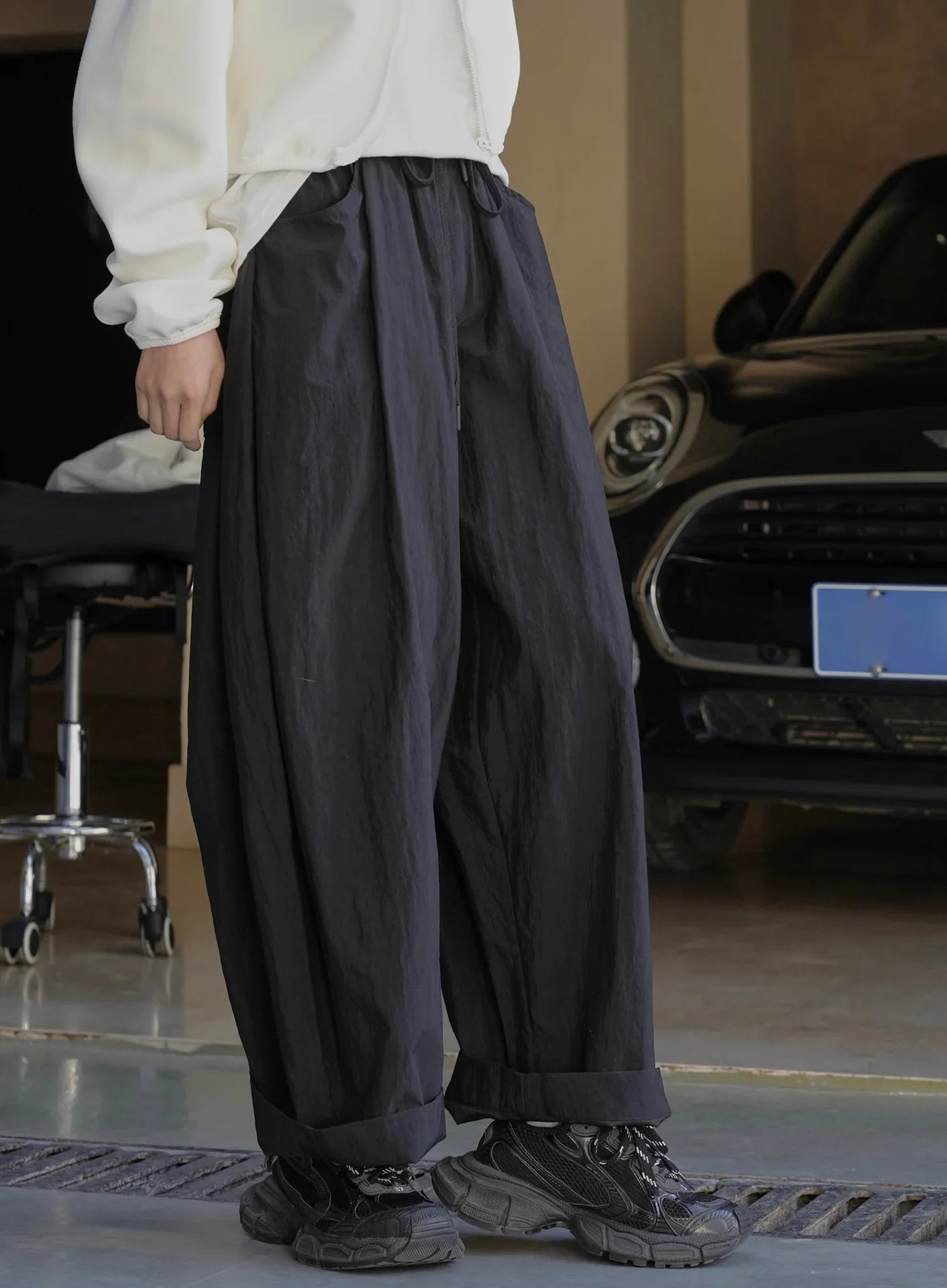 Summer women's casual solid color high waisted loose wide leg pants black