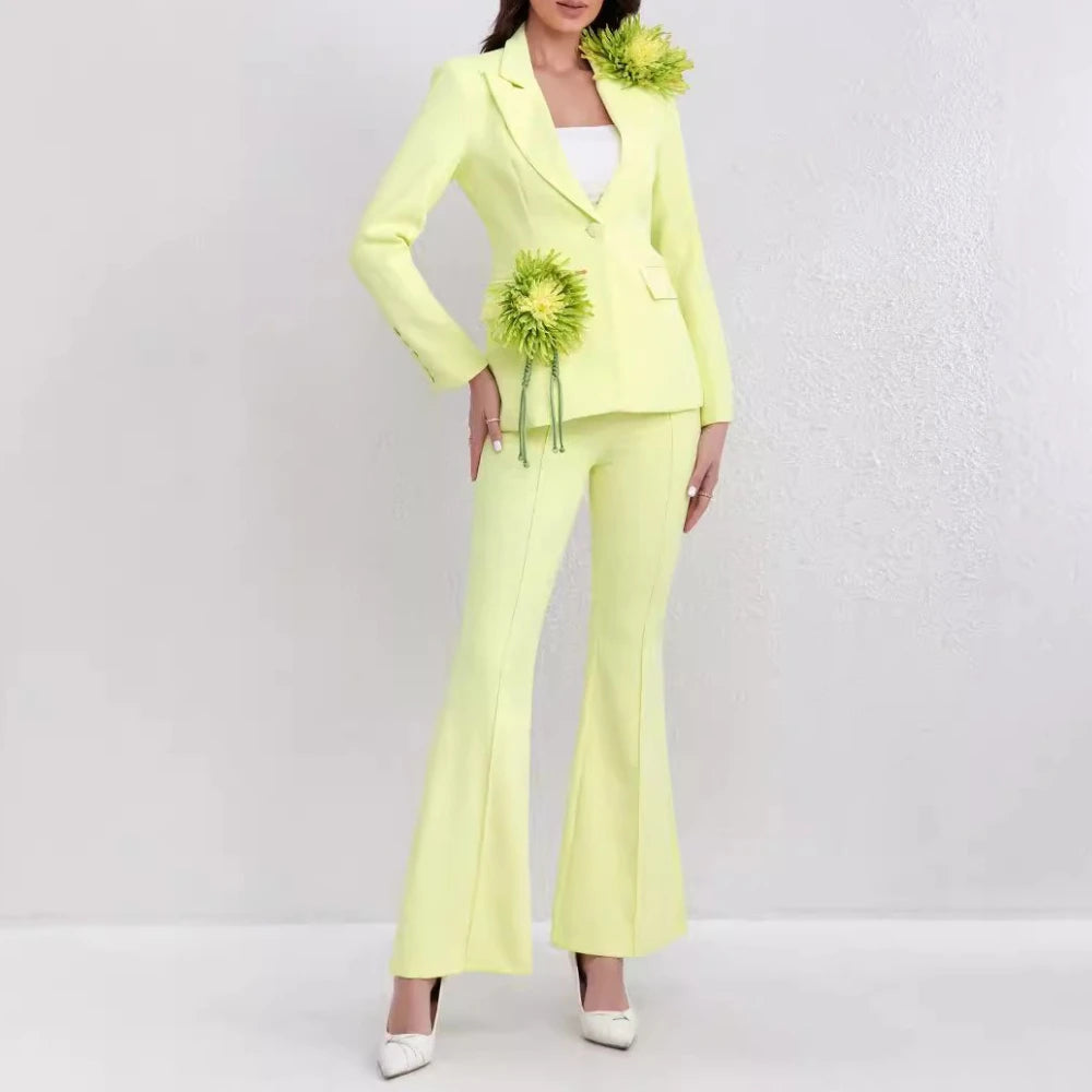 TWOTWINSTYLE Solid Slimming Spliced 3D Flower Two Piece Sets for Women Lapel Long Sleeves Patchwork Button Top Pant Set Female