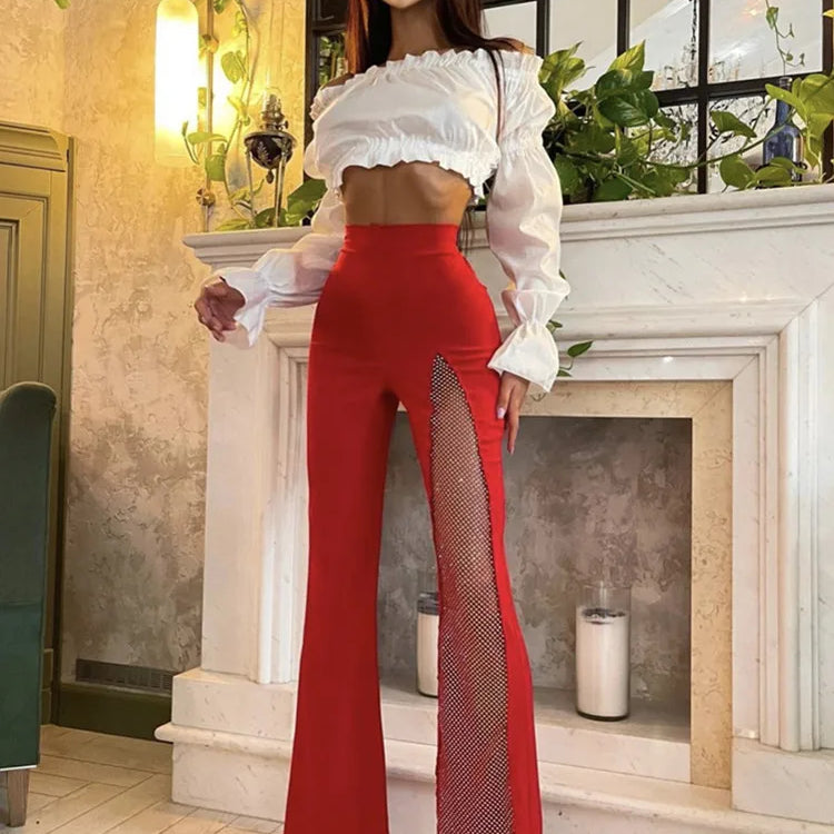 Women Summer Fashion Sexy Black Red White Crystal Dianonds Flare Bandage Pants 2022 Designer Knitted Bodycon Trouser Pants