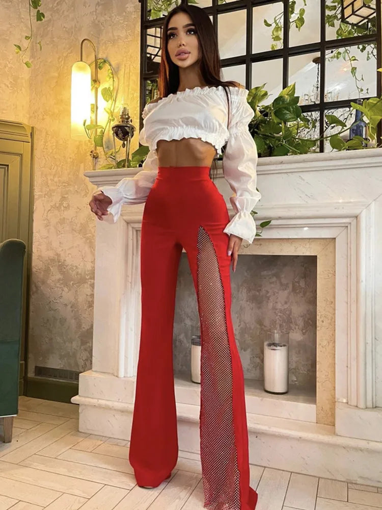 Women Summer Fashion Sexy Black Red White Crystal Dianonds Flare Bandage Pants 2022 Designer Knitted Bodycon Trouser Pants