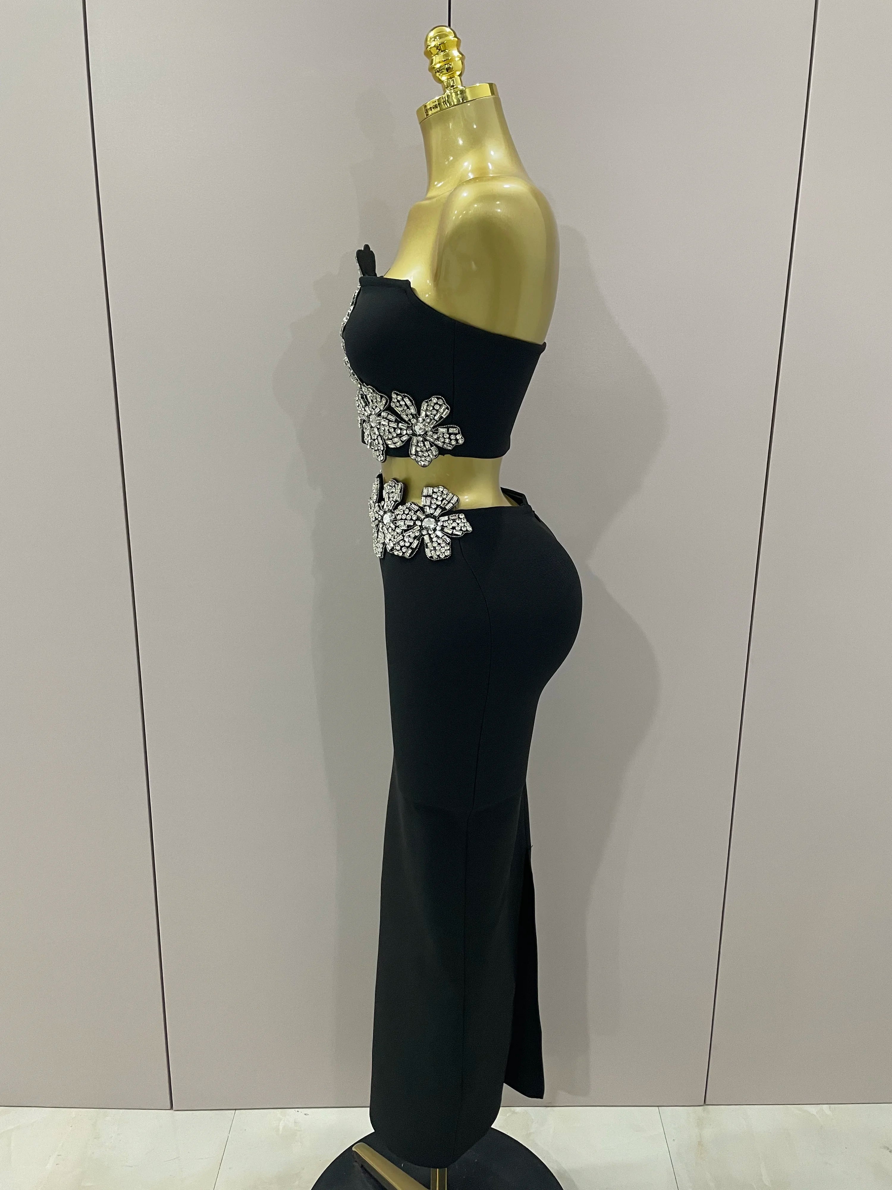 Sexy Strapless Flower Diamonds Black Maxi Long Bandage Two Piece Set 2025 Women Knitted Elegant Evening Club Party Prom Gowns