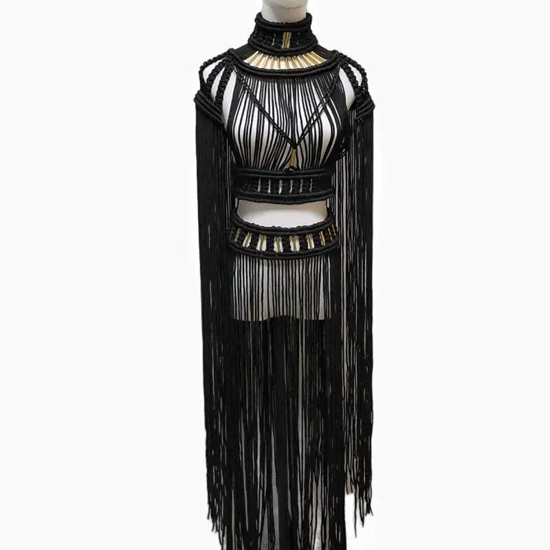 Tassel Hand Crochet Knitted Women Bikini Cover Ups 2023 Summer Holiday Beach Bathing Suit Sexy Hollow Out Skirts Matching Set A04black One Size