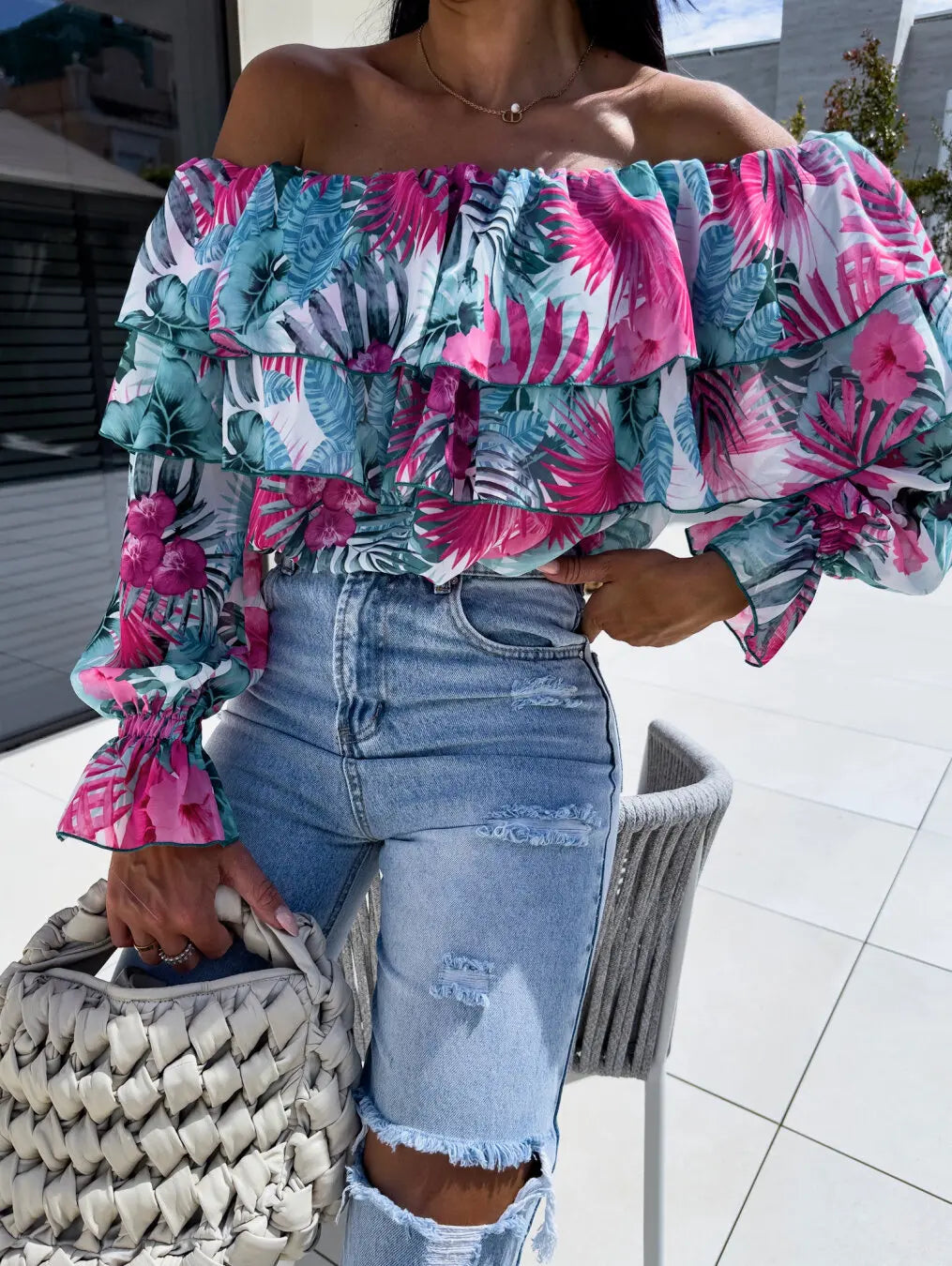 Summer Fashion Off Shoulder Printed Chiffon B LouseWomen Sexy Beach Style Slash Neck Ruffle Chiffon Blouse Women Brown