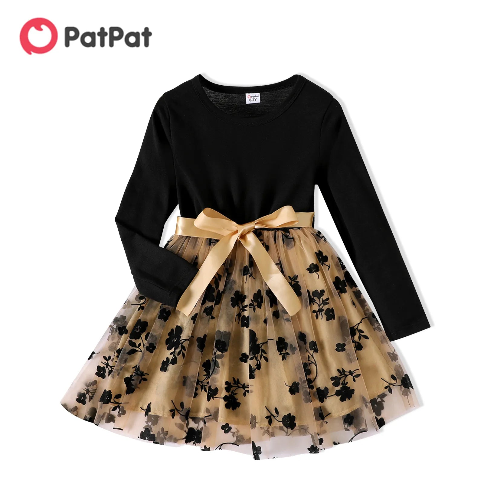 Patpat Kid Girl Dresses Floral geborduurde gordel mesh splice lange mouw jurk kinderkleding