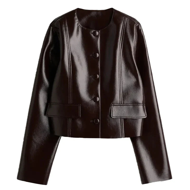 Fashion Leather Coat Skirt Sets Women Autumn Winter O-neck Long Sleeve Single Breasted Coats Mini Skirts Two Piece Set Lady coat 2