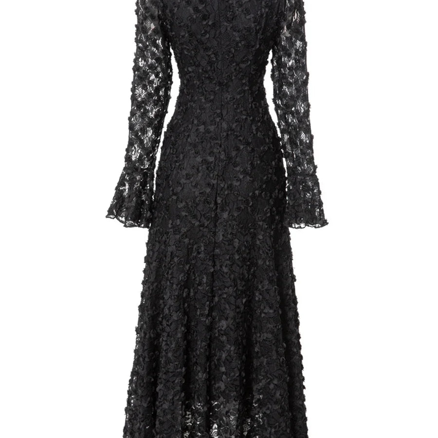 Solid Slimming Spliced Appliques Dresses for Women Round Neck Long Sleeves Patchwork Single Breasted Dress Female