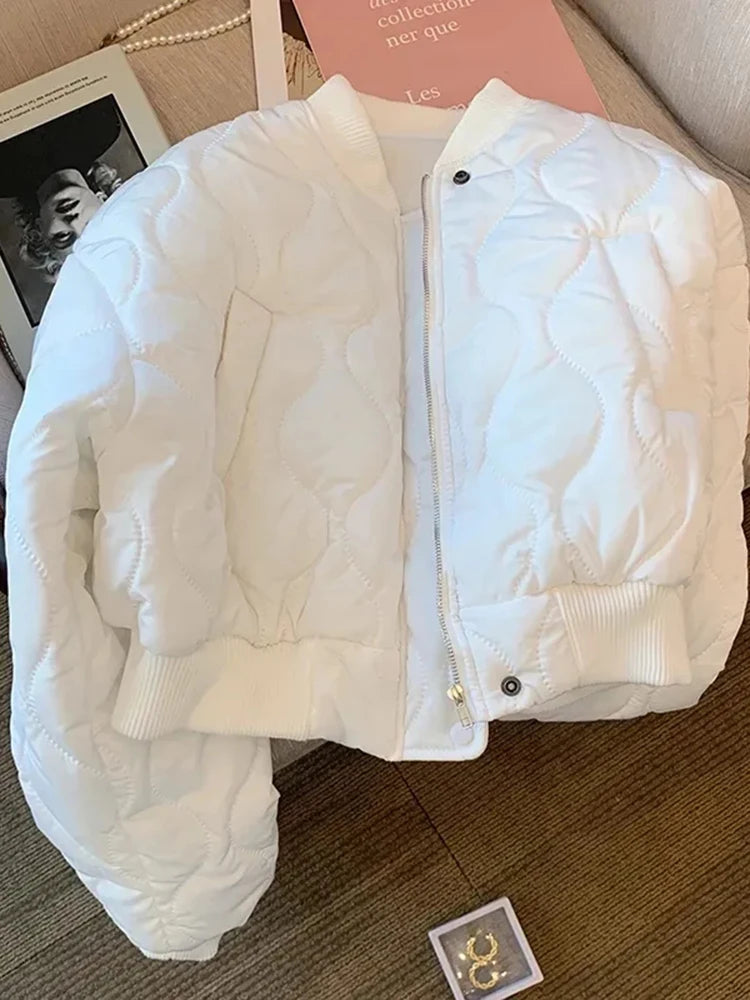 White Women Light Parkas Designed Winter Korean Slim Puffer Coat Casual O Neck Thick Cotton Padded Female Short Jacket