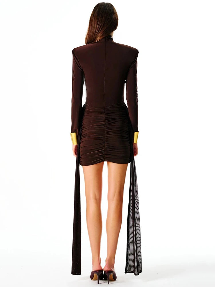 Turtleneck Long Sleeve Sexy Mini Dress For Women Fashion Draped Ruched Bodycon Club Party Dress Elegant Dresses