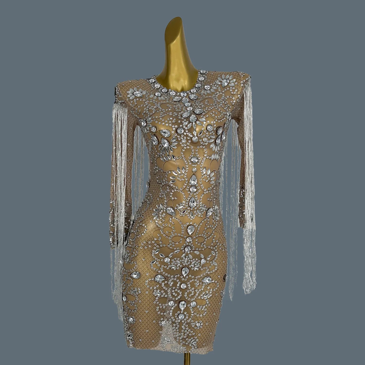 Women Sparkly Diamonds Fringes Short Dresses Evening Prom Celebrate Dress Sexy Mesh Singer Dance Show Stage Wear Hualan