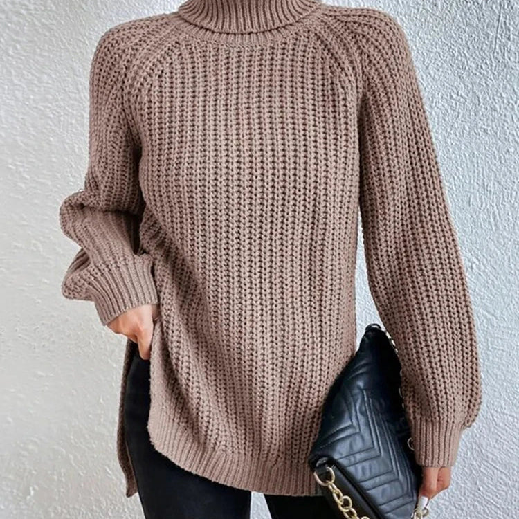 Women Winter Turtleneck Loose Sweater Elegant Drop Sleeve Side Split Pullover Vintage Harajuku Chic Jumpers Oversized knit Tops Khaki