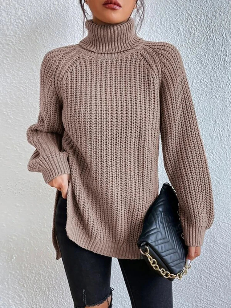 Women Winter Turtleneck Loose Sweater Elegant Drop Sleeve Side Split Pullover Vintage Harajuku Chic Jumpers Oversized knit Tops Khaki