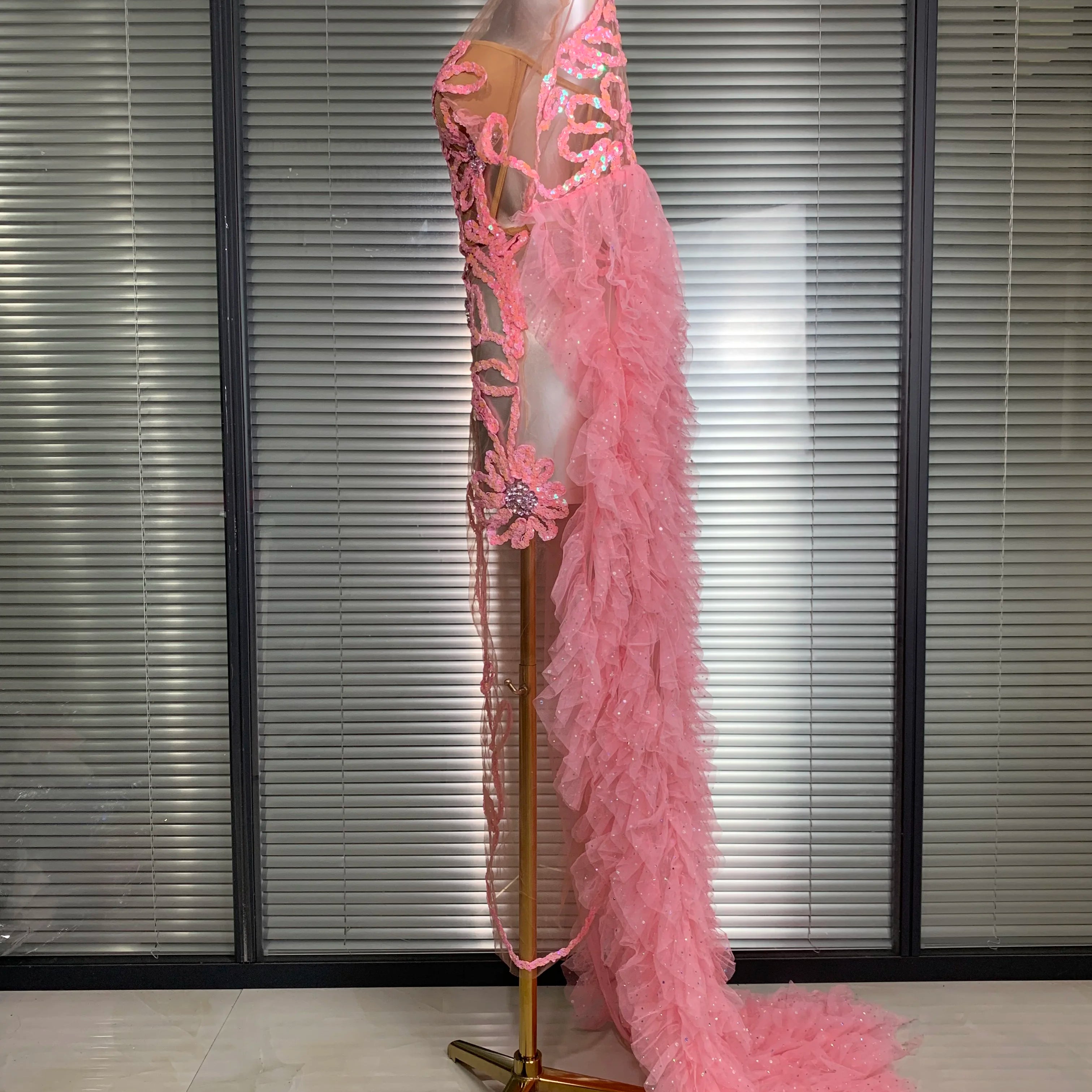 New Women Sexy Mesh Sheer Sequins Pink Maxi Dress See Through Sparkly Shining Party Costume Stage Performance Dress