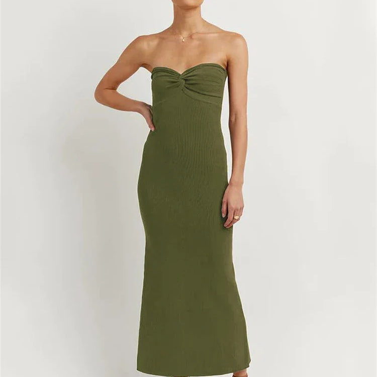Tossy Strapless Knit Maxi Dresses For Women Summer Beach Party Bodycon Dress Off-Shoulder Twist Knitting Evening Backless Dress army green