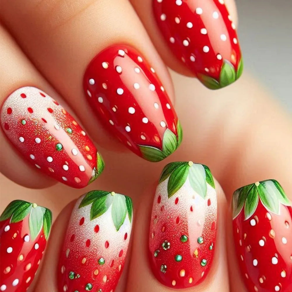 24Pcs Short Square Gradient Fake Nails with Jelly Glue Red Fresh Strawberry Fruit Flower Design Press on Nails Wearable Finished