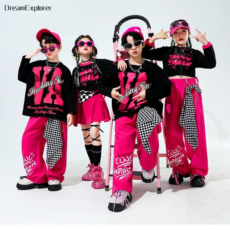 Girls Hip Hop Crop Top Street Dance Skirts Boys Cool Sweatshirt Pink Cargo Pants Child Streetwear Kids Jazz Costumes Cloths Set