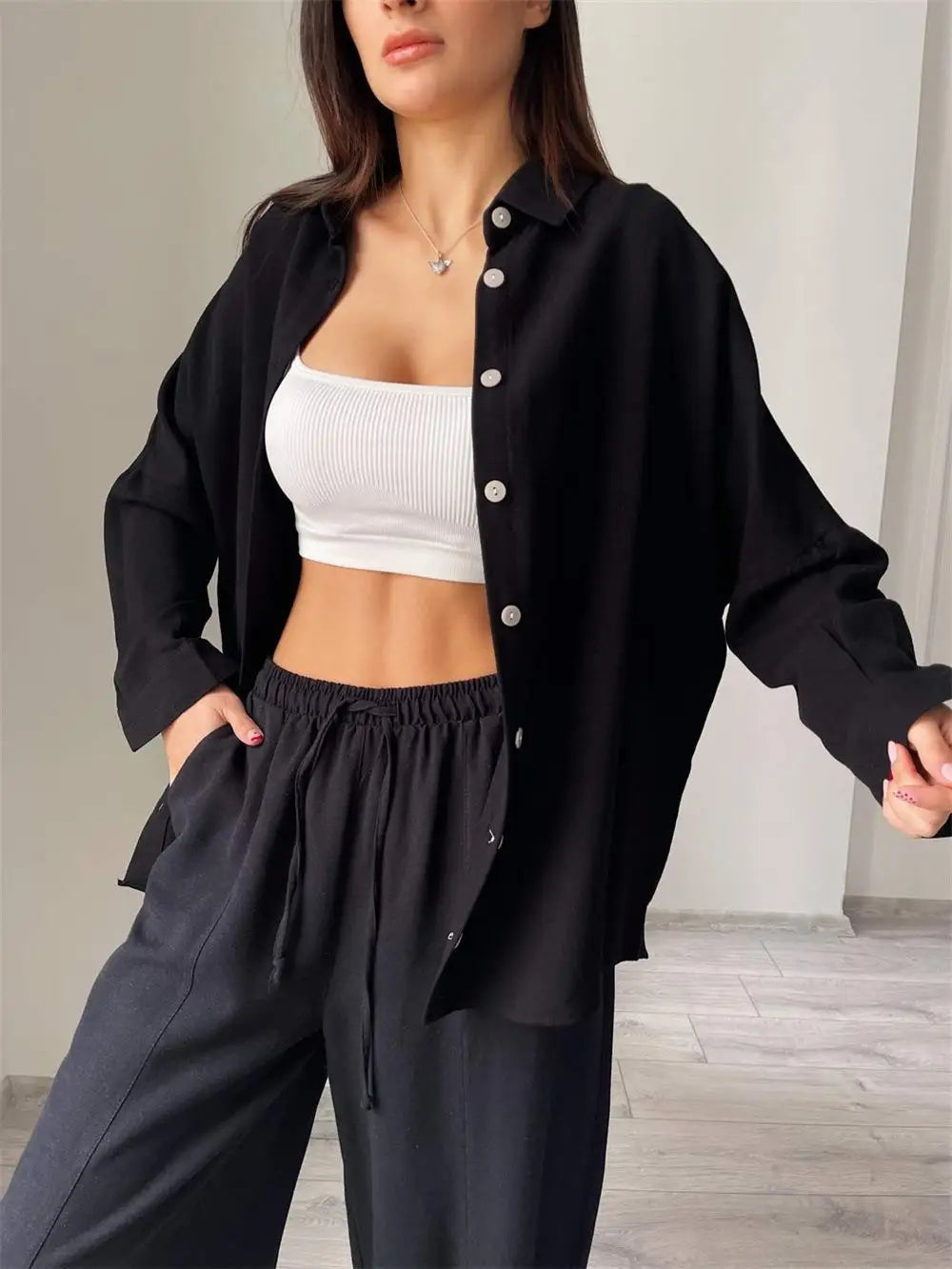 Women's Summer Suit with Pants Summer Loose Wide Leg Trousers Elegant Two Piece Suit Set for Women Buttons T-shirts Outifit