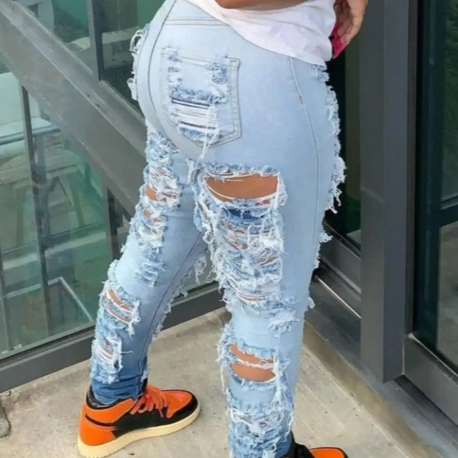 Plus Size Women Autumn Winter Skinny High Waist Street Hipsters Ripped Baby Blue Stretchy Denim Jeans