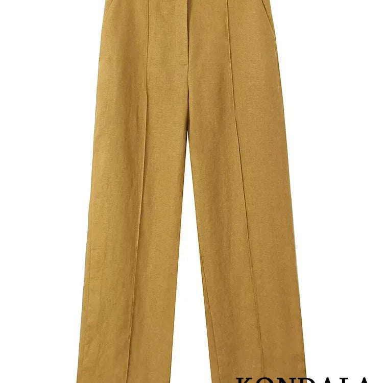 KONDALA Office Lady Linen Brown Suits Women V Neck Single Buttons Vest Blazer+High Waist Wide Leg Pants Fashion Summer Sets Pants
