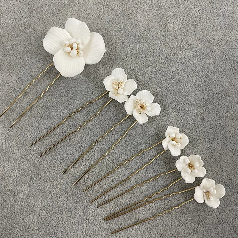 6PCS White Ceramic Flower Wedding Hair Pins Women Jewelry Accessories Handmade Head Decoration Tiara Ornament Silvery Color