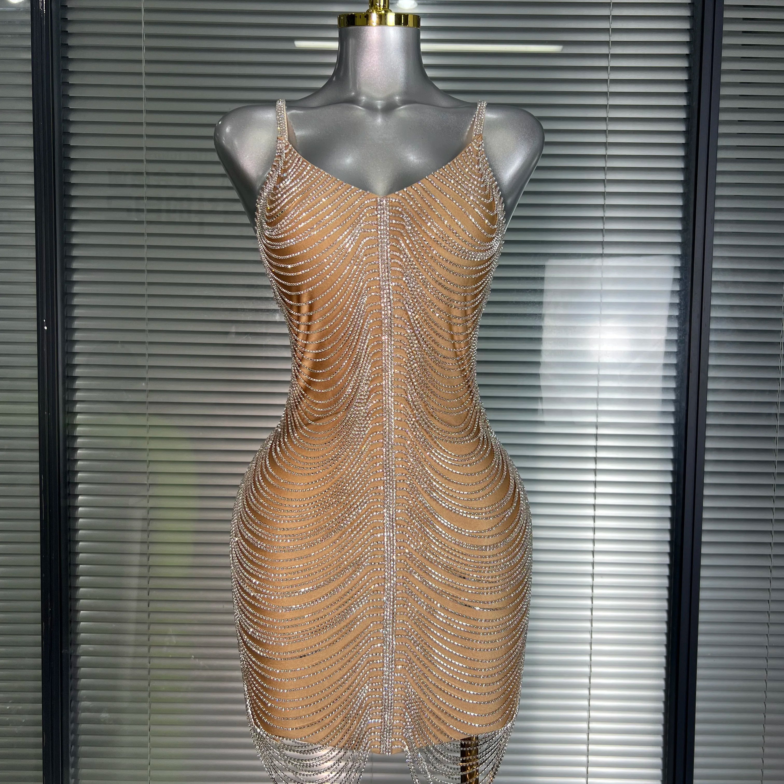 Ins Celebrity New Women Sexy Khaki Crystal Shining Mini Dress Stage Costume Dancer Singer Night Club Sparkly Party Dress