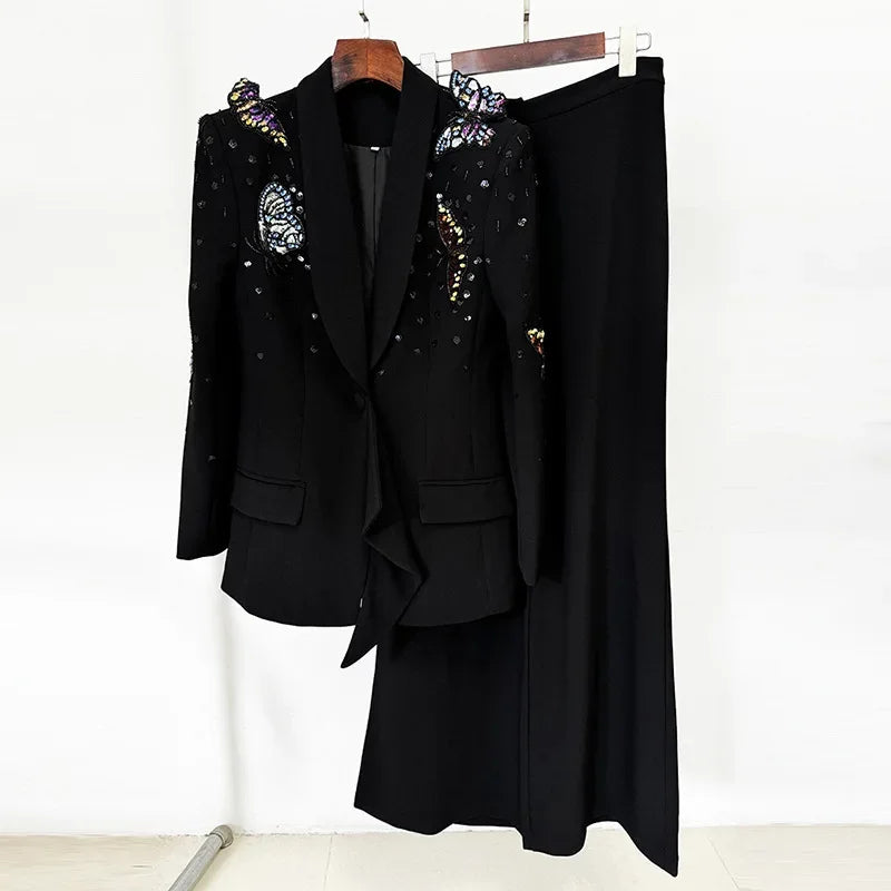 TWOTWINSTYLE Solid Two Piece Sets for Women Notched Neck Long Sleeve Spliced Sequins Blazer High Waist Wide Leg Pants Set Female