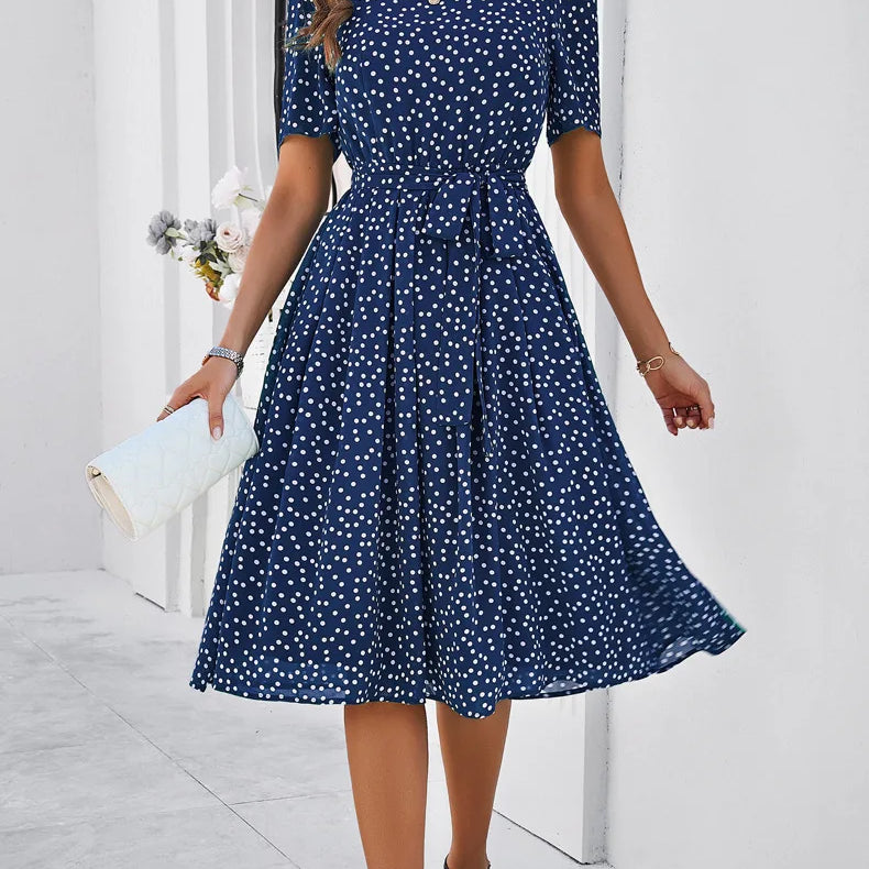 Elegant Office Lady Lace Up Dress Women Casual Short Sleeved Women's Dress 2024 Spring Summer Polo Dot Printed Dress Up