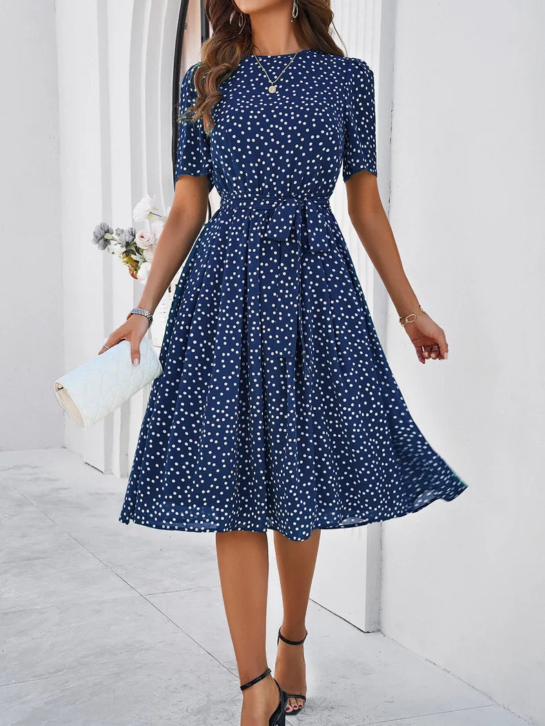 Elegant Office Lady Lace Up Dress Women Casual Short Sleeved Women's Dress 2024 Spring Summer Polo Dot Printed Dress Up