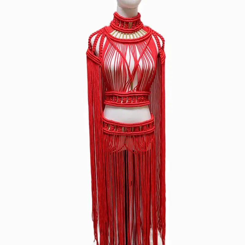 Tassel Hand Crochet Knitted Women Bikini Cover Ups 2023 Summer Holiday Beach Bathing Suit Sexy Hollow Out Skirts Matching Set A04red One Size
