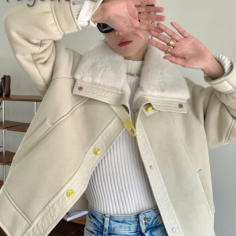 2023 Natural Sheepskin Leather Jacket Women Winter 100% Real Mink Fur Sheep Shearling Coat Female Casaco Feminino Gxy1207