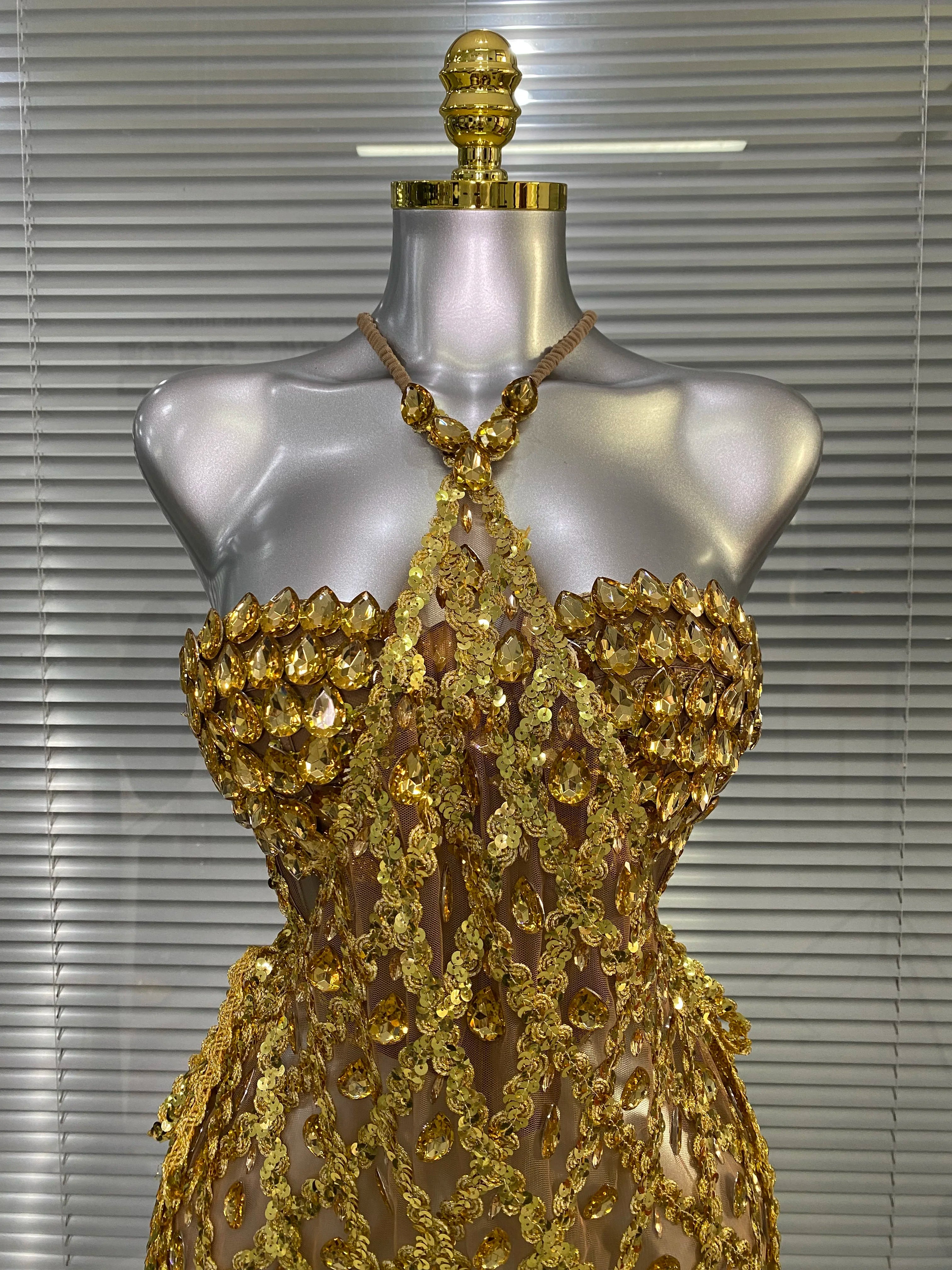 Women Sexy See Through Mesh Gold Pink Costume Stage Dancer Singer Night Club Celebrity 2 Pieces Set Mini Party Dress