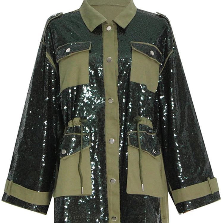 Patchwork Sequins Casual Loose Coats For Women Lapel Long Sleeve Spliced Pockets Colorblock Streetwear Coat Female Fashion