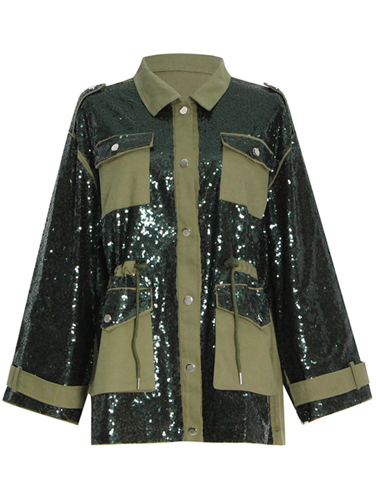 Patchwork Sequins Casual Loose Coats For Women Lapel Long Sleeve Spliced Pockets Colorblock Streetwear Coat Female Fashion