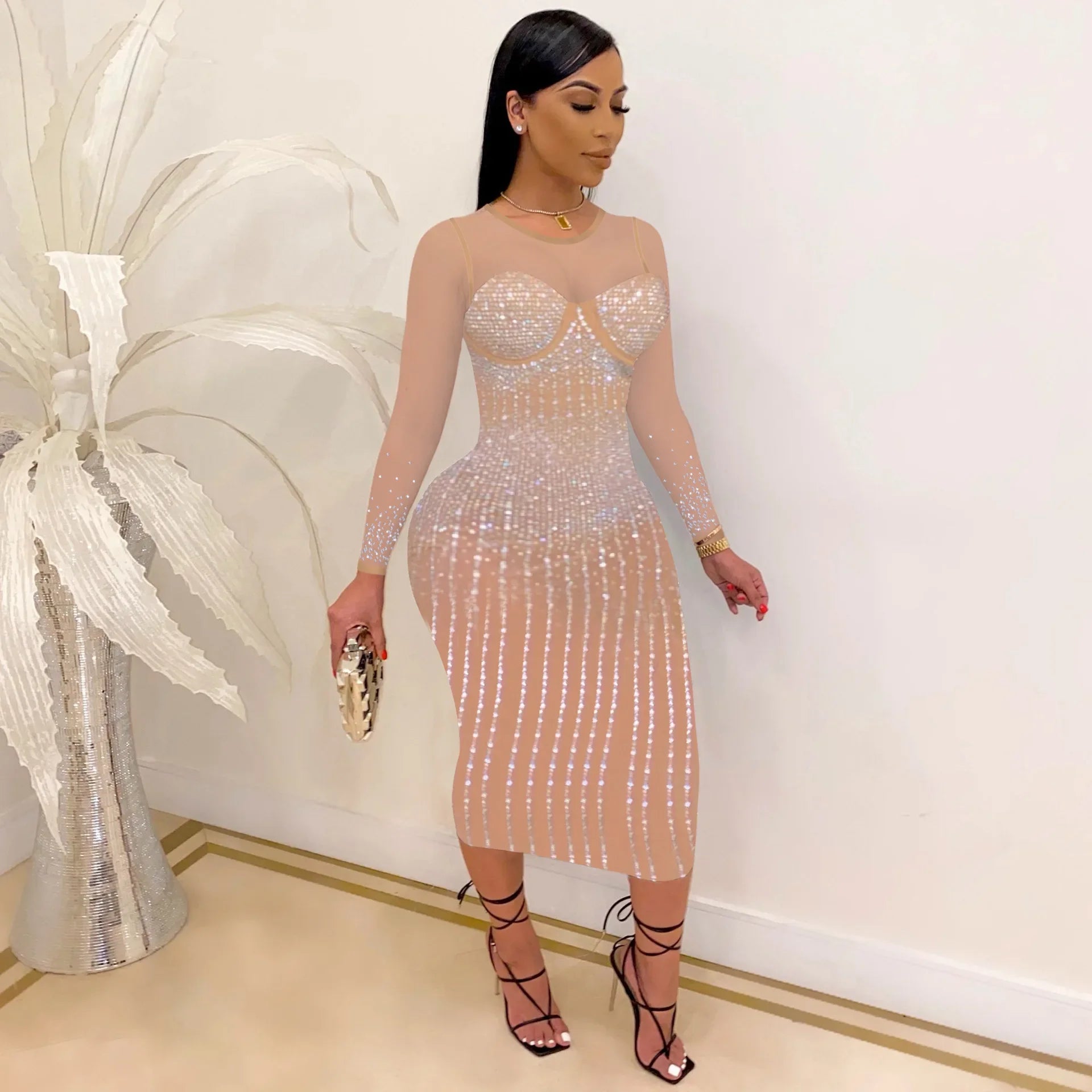 CM.YAYA Mesh See Though Hot Rhinestones Plunging V-neck Midi Bodycon Dress  Women Sexy Club Party Dresses Pencil Vestidos