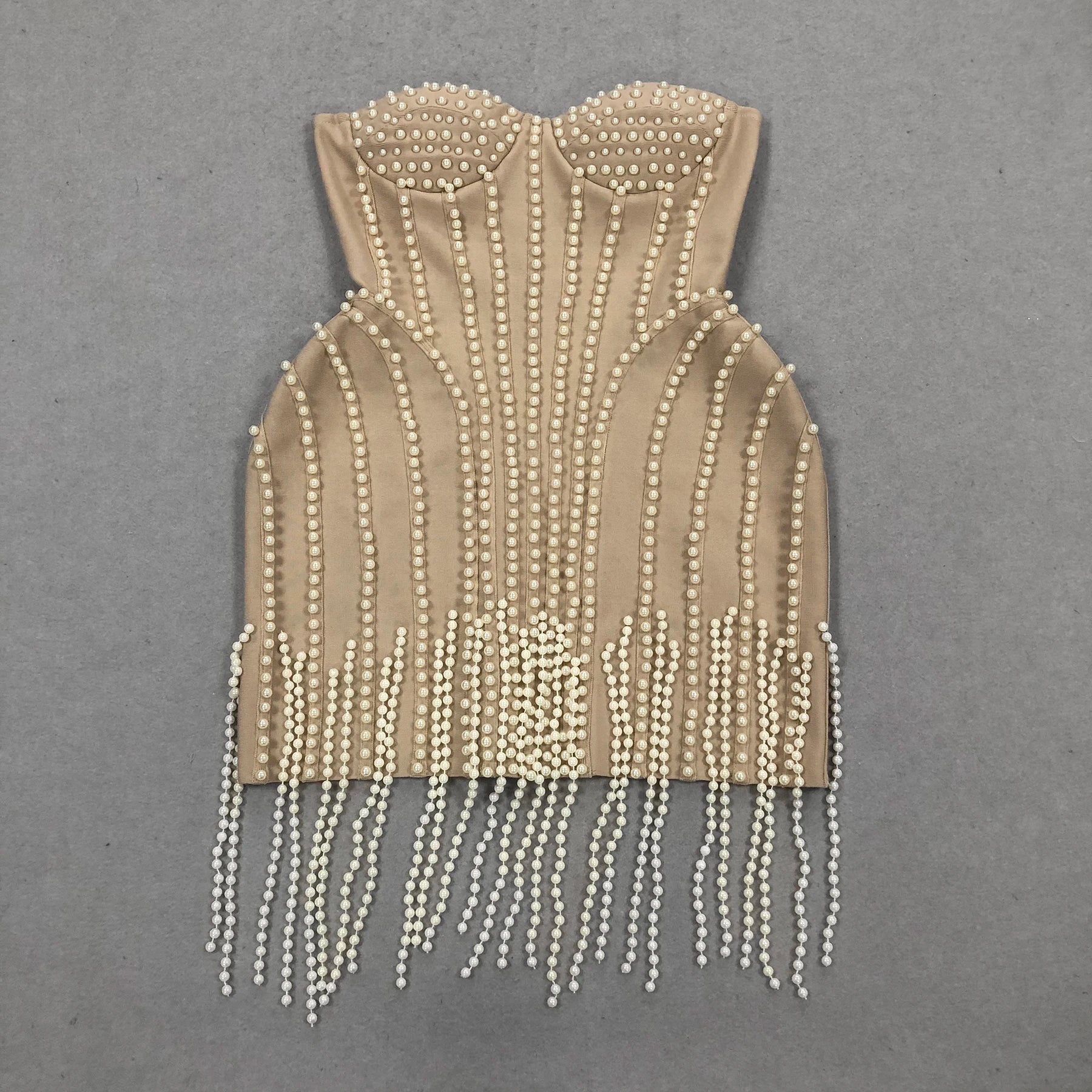 Exquisite Pearl Beading Strapless Khaki Color Bandage Mini Dress Fashion Woman Birthday Party Vestido Evening Party Outfit