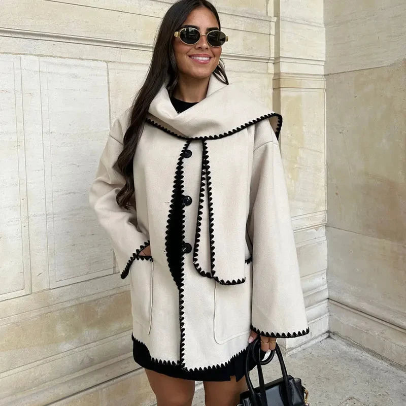 TRAFZA 2023 Autumn Fashion Woman Black Crochet Scarf Coat O Neck Long Sleeve Button Straight Casual Vintage Female Cozy Coats white