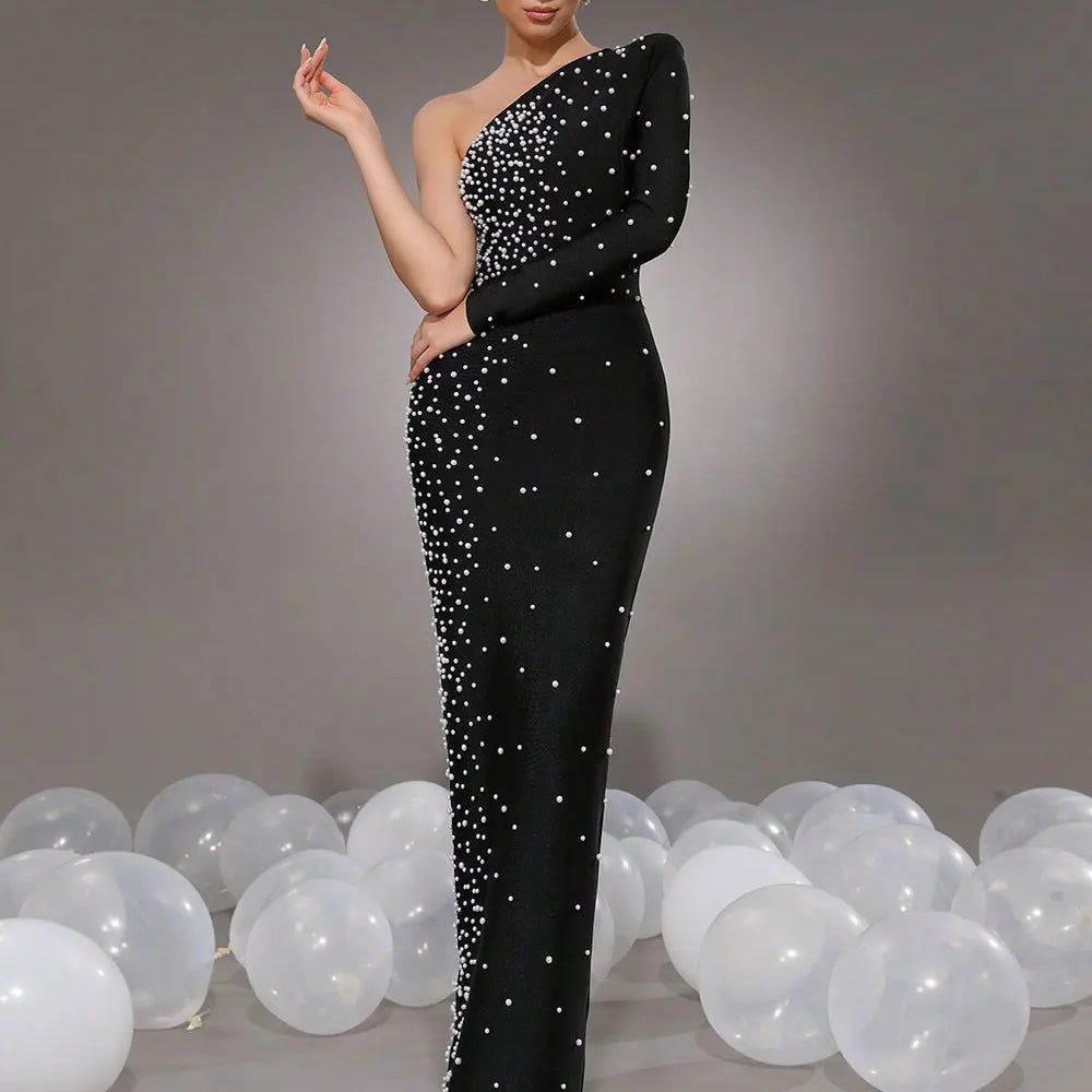 2025 Elegant Women Light Luxury Nail Bead Bandage Dress with Slant Neck Single Shoulder Sleeve Bodycon Black Long Dress Vestidos