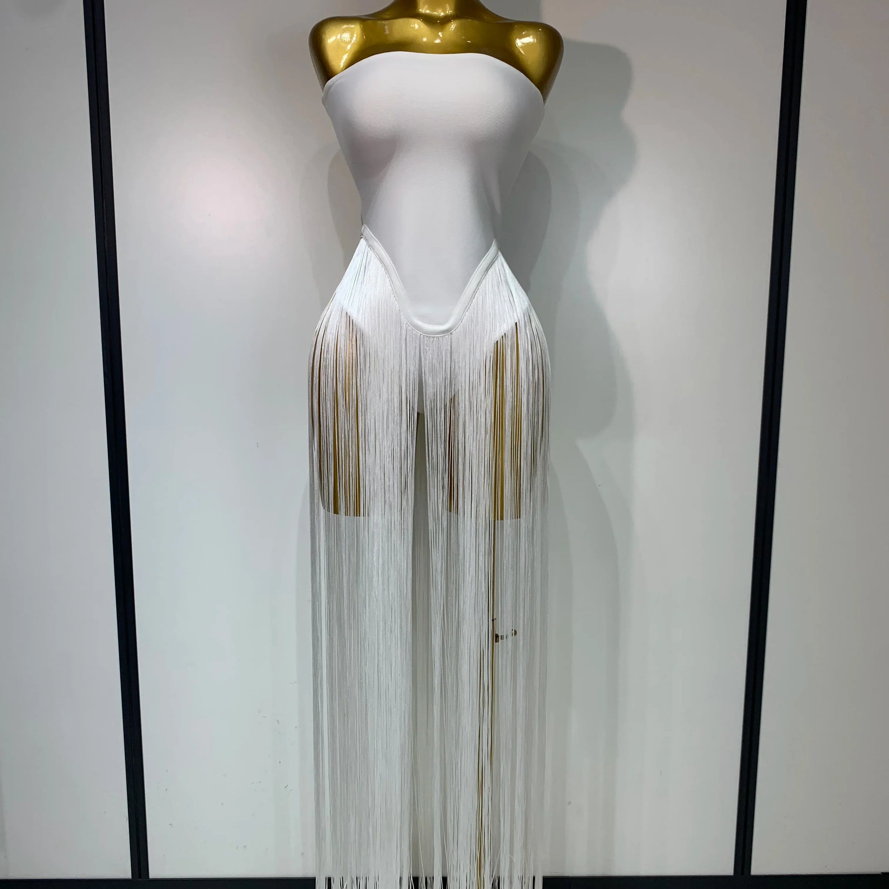 Women Sexy White Elegant Strapless Long Tassels Bandage Bodysuit Evening Party Luxury Birthdy Nightclub Singer Stage Outfit