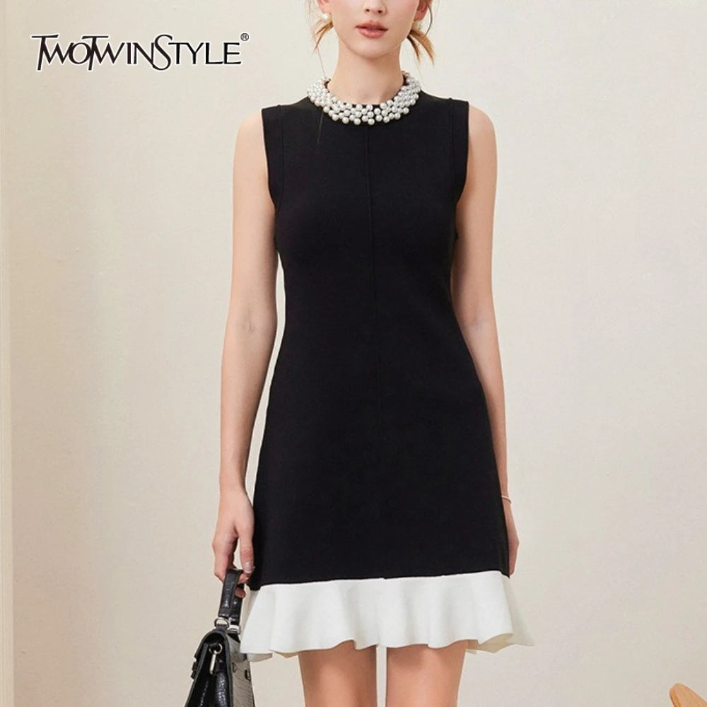 TWOTWINSTYLE Hit Color Slimming Spliced Bead Elegant Mini Dresses for Women Round Neck Sleeveless Patchwork Ruffles Dress Female